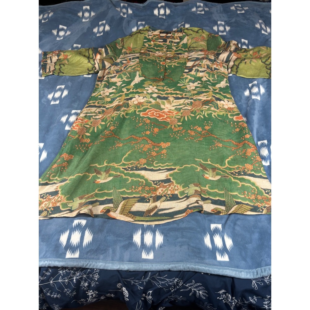 Johnny Was Green Linen Bird Floral Chinoiserie Tunic Dress L Long Sleeve